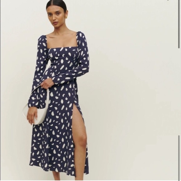 Reformation Dresses & Skirts - Reformation Sigmund Midi Dress Navy Blue and White Splatter Paint Size 2